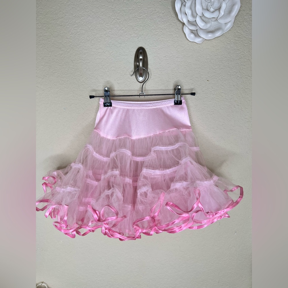 NTM: Vintage Malco Modes Pink Petticoat Crinoline Tutu Skirt 5 Tier Satin Trim S
